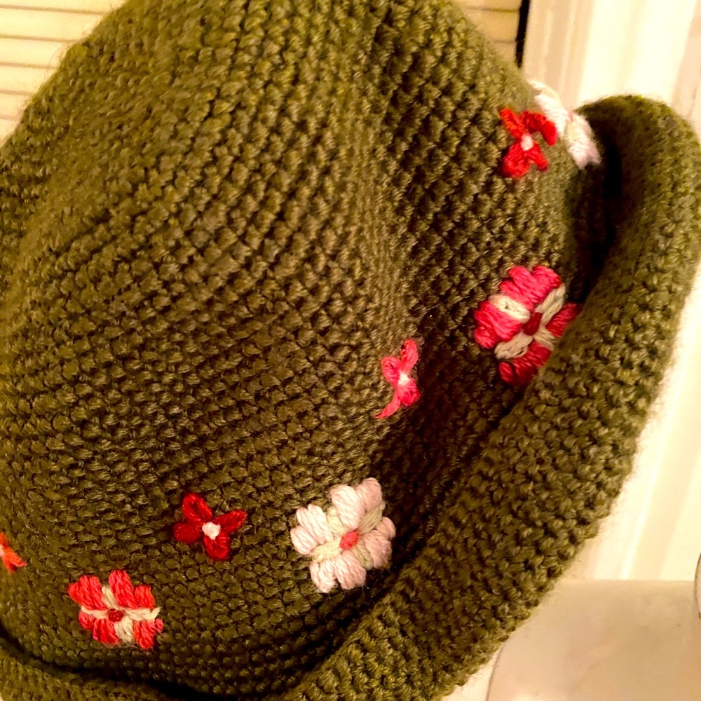 Hand knit Olive green beanie with flowers